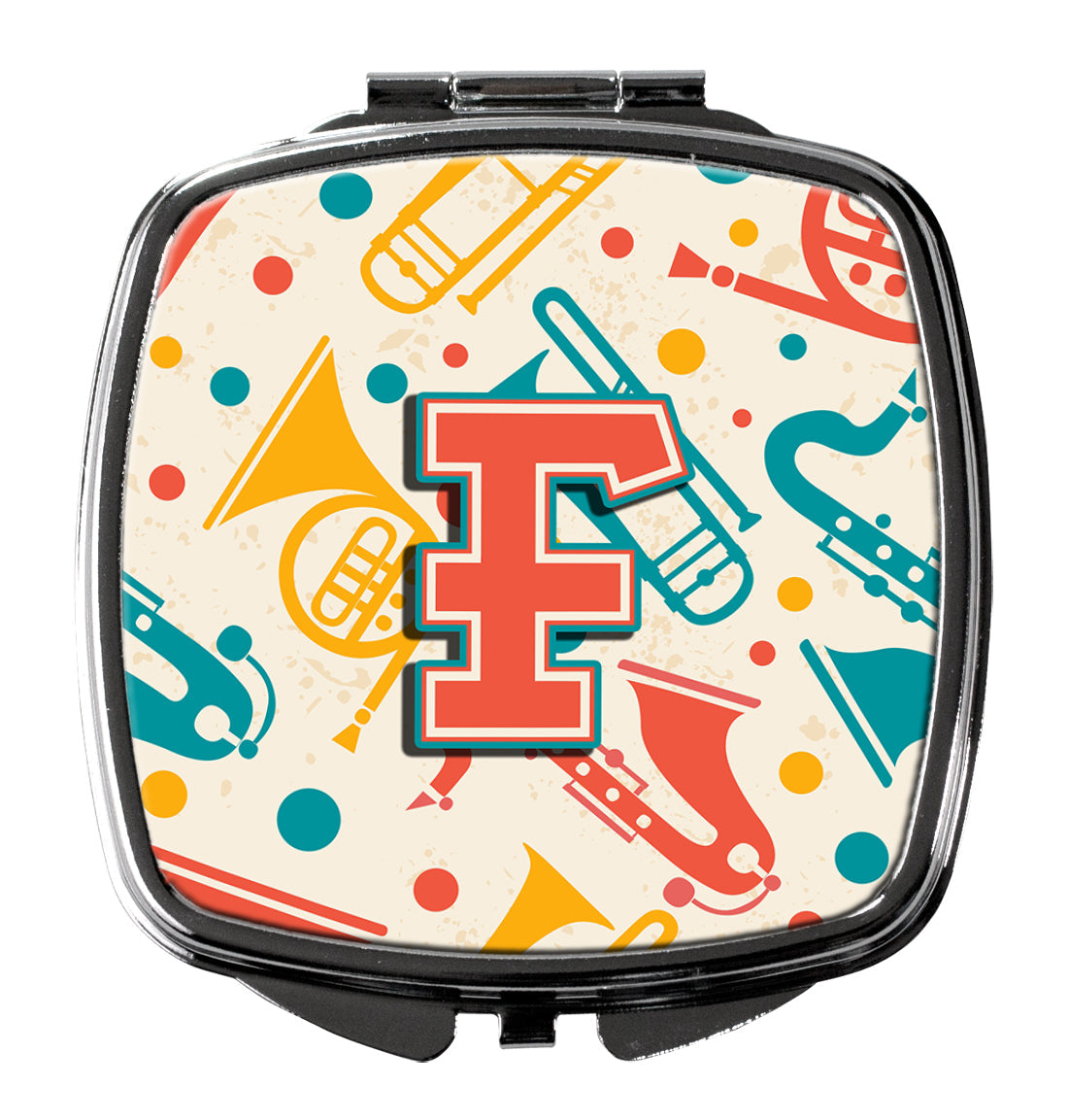 Letter F Retro Teal Orange Musical Instruments Initial Compact Mirror Decorative Travel Makeup Mirror for Women Girls Gifts Pocket Makeup Mirror Folding Handheld