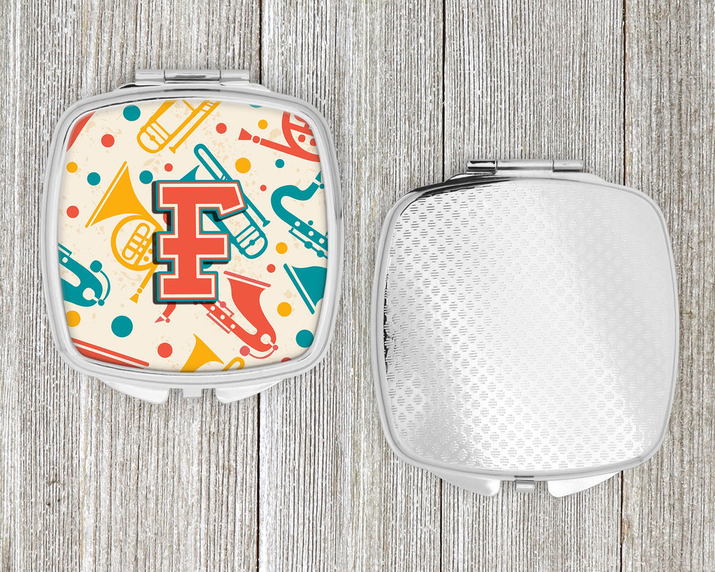 Letter F Retro Teal Orange Musical Instruments Initial Compact Mirror Decorative Travel Makeup Mirror for Women Girls Gifts Pocket Makeup Mirror Folding Handheld