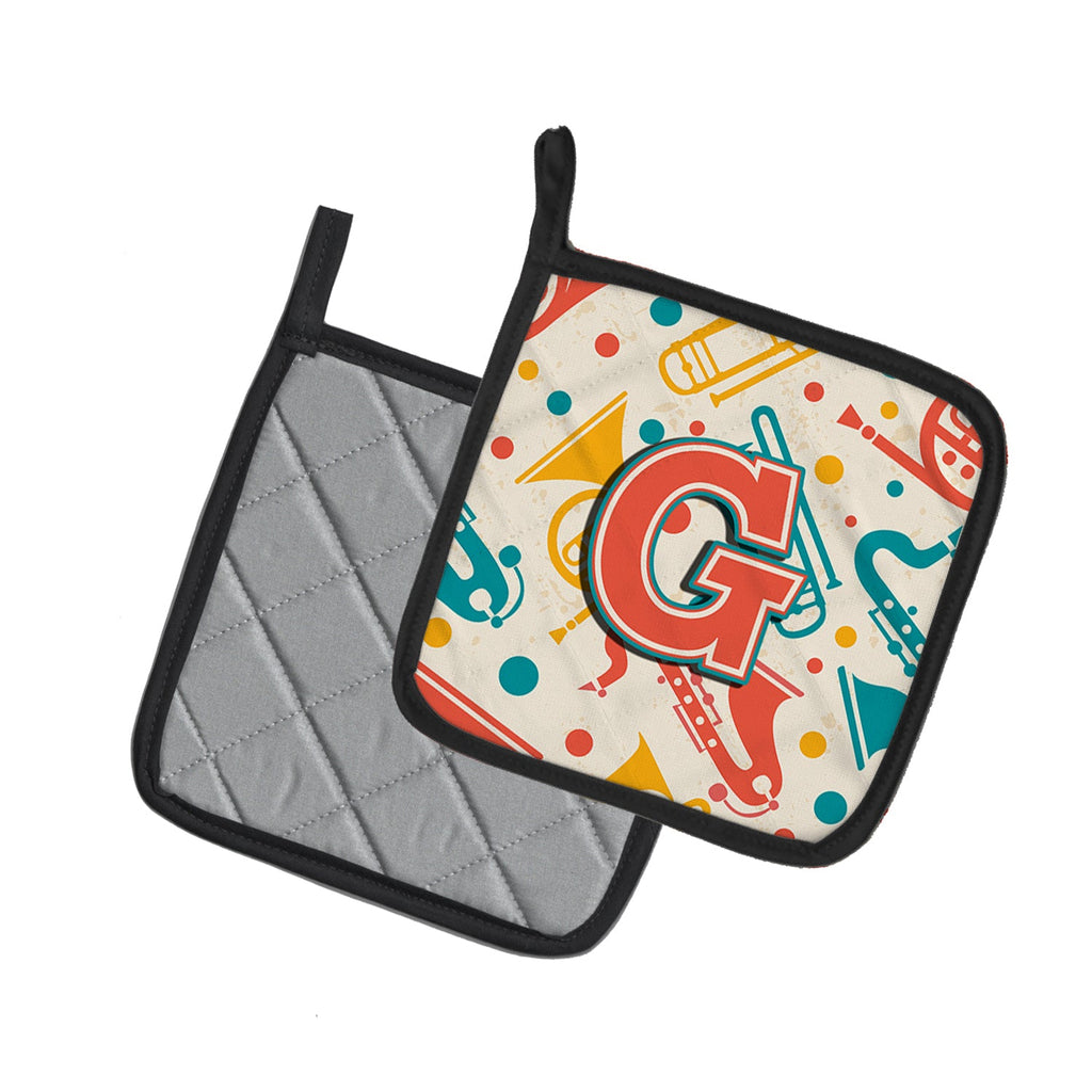 Letter G Retro Teal Orange Musical Instruments Initial Pot Holder Set of 2 Heat Resistant Quilted Hot Pads 7.5 x 7.5 Inch, Insulated Kitchen Trivets for Cooking & Baking