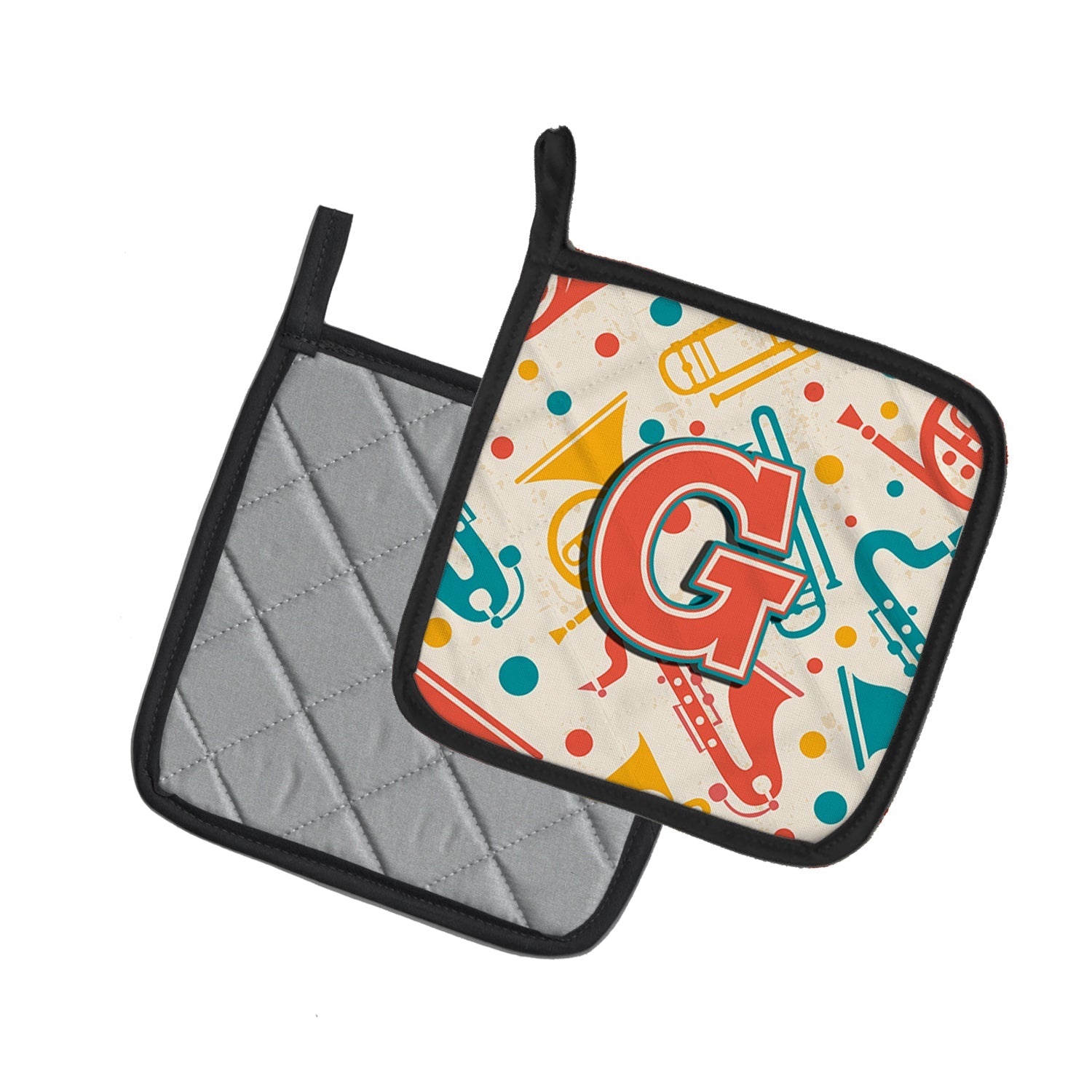 Letter G Retro Teal Orange Musical Instruments Initial Pot Holder Set of 2 Heat Resistant Quilted Hot Pads 7.5 x 7.5 Inch, Insulated Kitchen Trivets for Cooking & Baking