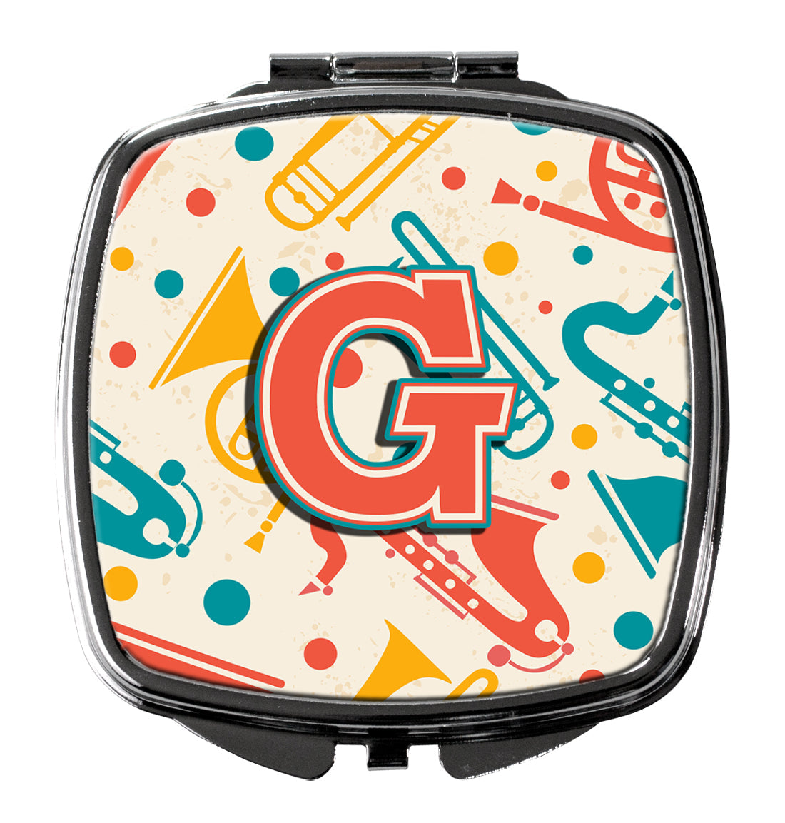 Letter G Retro Teal Orange Musical Instruments Initial Compact Mirror Decorative Travel Makeup Mirror for Women Girls Gifts Pocket Makeup Mirror Folding Handheld