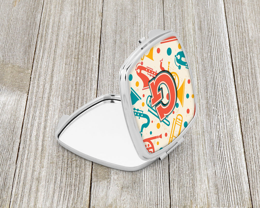 Letter G Retro Teal Orange Musical Instruments Initial Compact Mirror Decorative Travel Makeup Mirror for Women Girls Gifts Pocket Makeup Mirror Folding Handheld