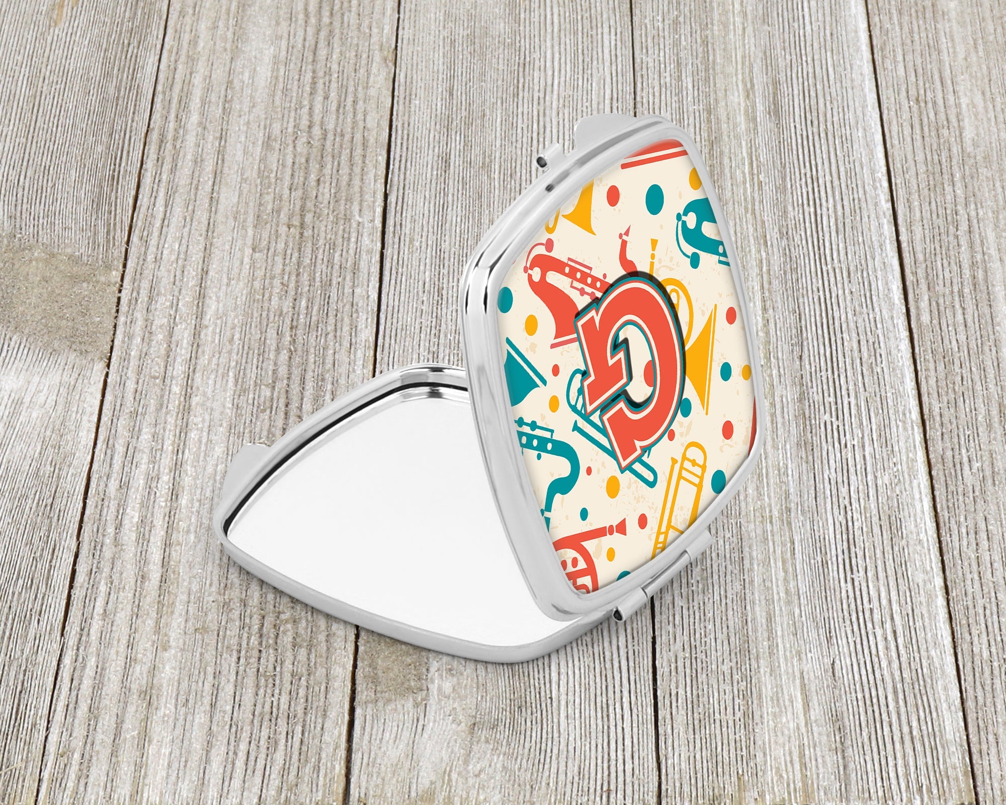 Letter G Retro Teal Orange Musical Instruments Initial Compact Mirror Decorative Travel Makeup Mirror for Women Girls Gifts Pocket Makeup Mirror Folding Handheld
