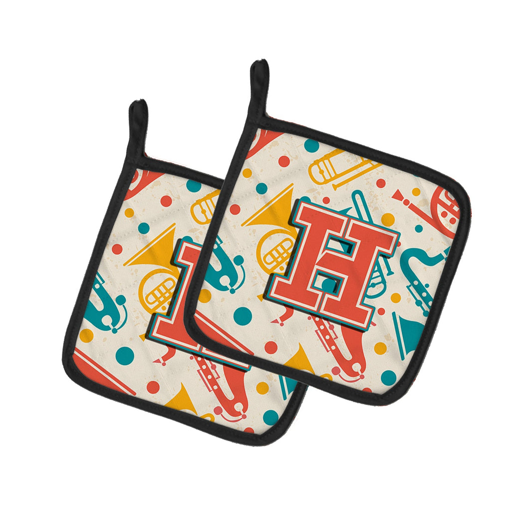 Letter H Retro Teal Orange Musical Instruments Initial Pot Holder Set of 2 Heat Resistant Quilted Hot Pads 7.5 x 7.5 Inch, Insulated Kitchen Trivets for Cooking & Baking
