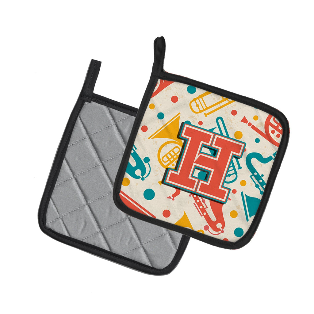 Letter H Retro Teal Orange Musical Instruments Initial Pot Holder Set of 2 Heat Resistant Quilted Hot Pads 7.5 x 7.5 Inch, Insulated Kitchen Trivets for Cooking & Baking