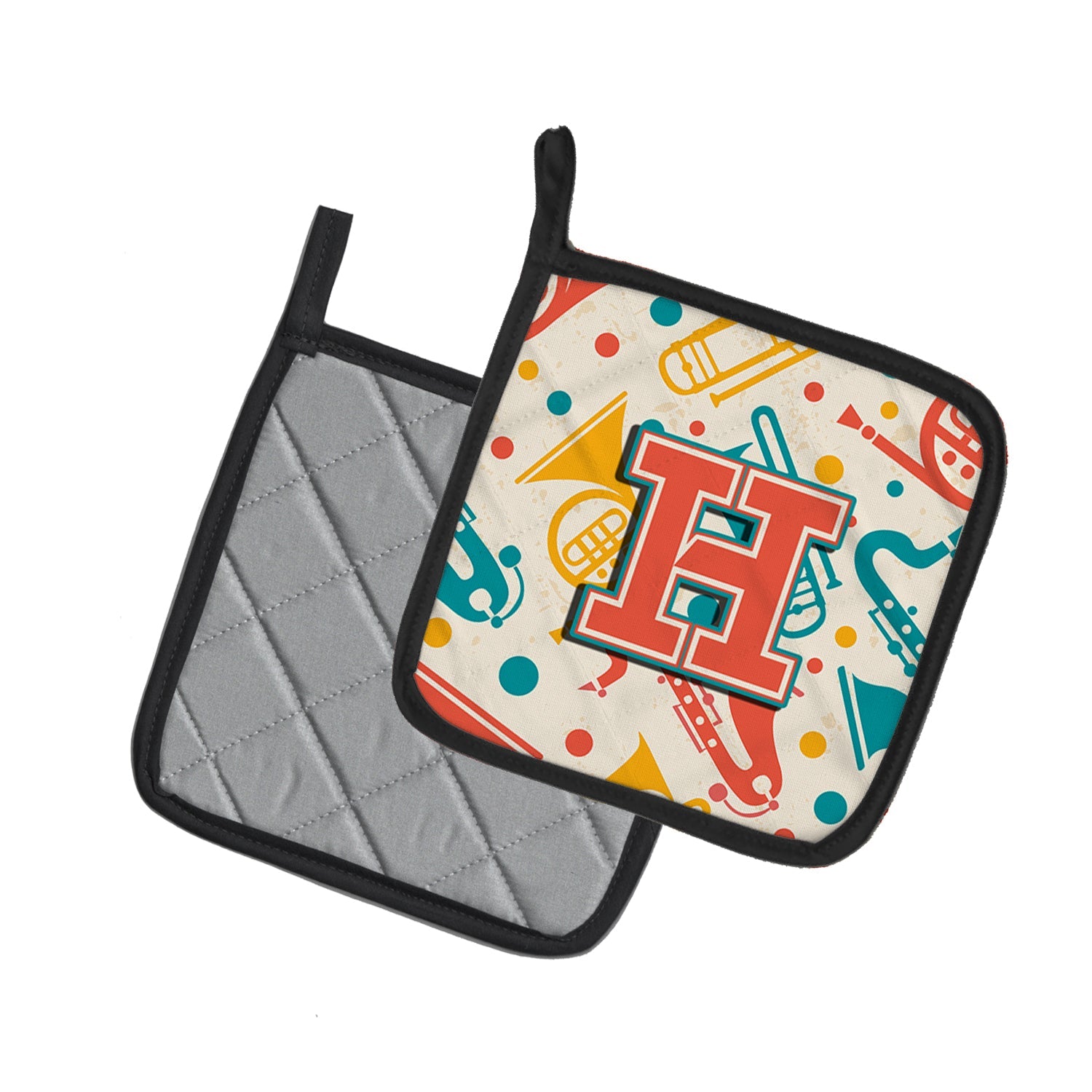 Letter H Retro Teal Orange Musical Instruments Initial Pot Holder Set of 2 Heat Resistant Quilted Hot Pads 7.5 x 7.5 Inch, Insulated Kitchen Trivets for Cooking & Baking