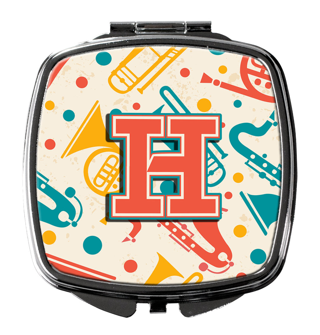 Letter H Retro Teal Orange Musical Instruments Initial Compact Mirror Decorative Travel Makeup Mirror for Women Girls Gifts Pocket Makeup Mirror Folding Handheld