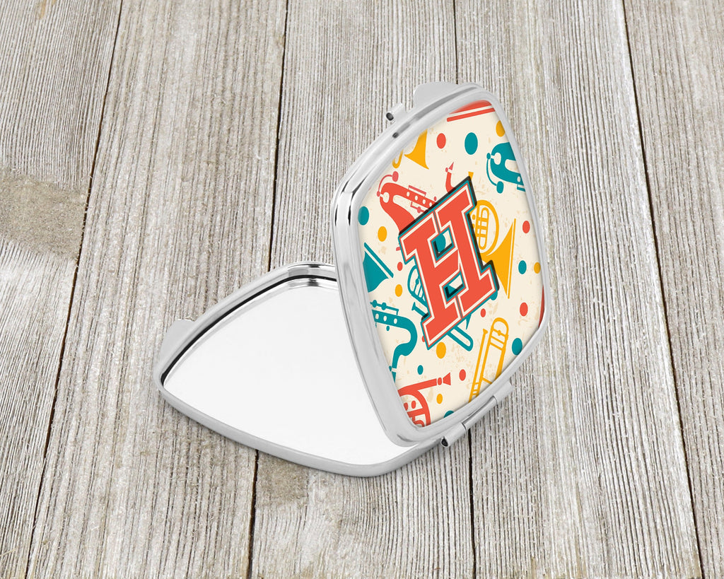 Letter H Retro Teal Orange Musical Instruments Initial Compact Mirror Decorative Travel Makeup Mirror for Women Girls Gifts Pocket Makeup Mirror Folding Handheld