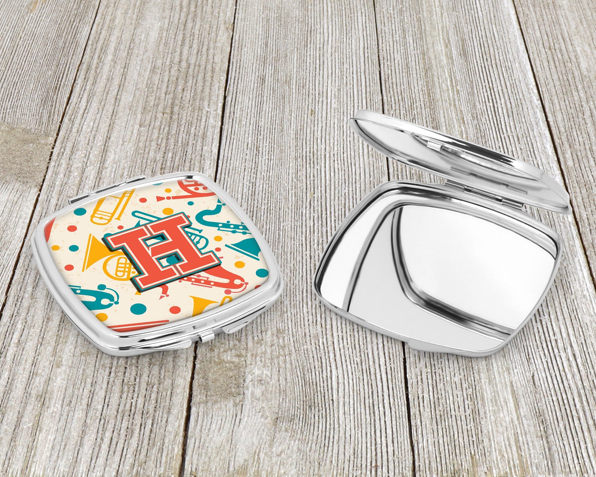 Letter H Retro Teal Orange Musical Instruments Initial Compact Mirror Decorative Travel Makeup Mirror for Women Girls Gifts Pocket Makeup Mirror Folding Handheld
