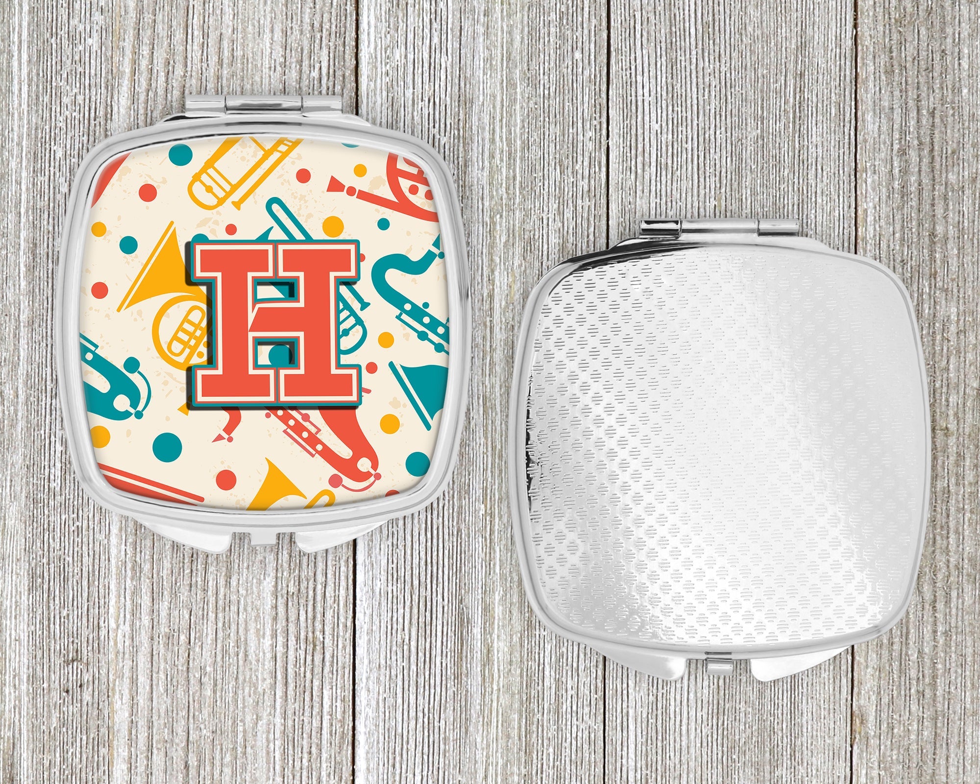 Letter H Retro Teal Orange Musical Instruments Initial Compact Mirror Decorative Travel Makeup Mirror for Women Girls Gifts Pocket Makeup Mirror Folding Handheld