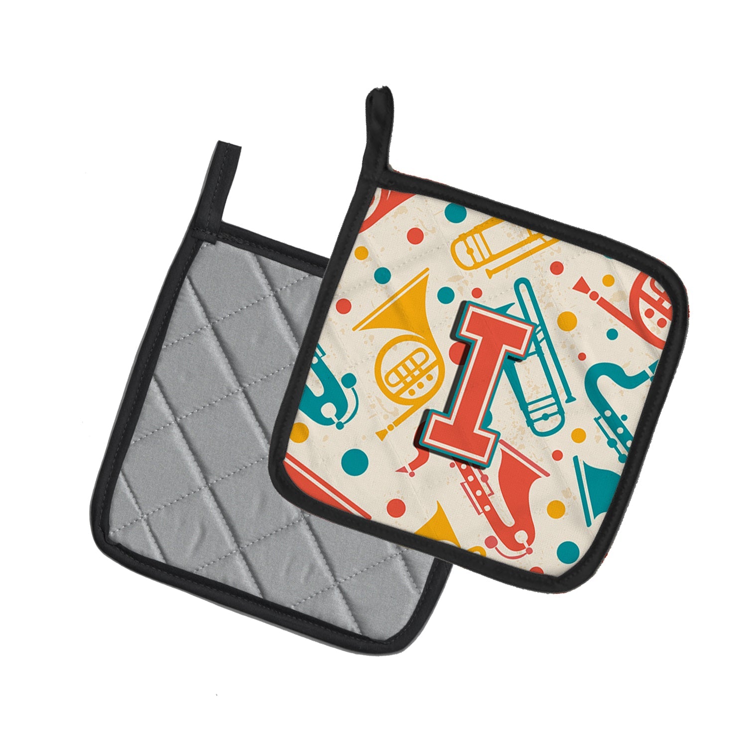 Letter I Retro Teal Orange Musical Instruments Initial Pot Holder Set of 2 Heat Resistant Quilted Hot Pads 7.5 x 7.5 Inch, Insulated Kitchen Trivets for Cooking & Baking