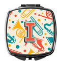 Letter I Retro Teal Orange Musical Instruments Initial Compact Mirror Decorative Travel Makeup Mirror for Women Girls Gifts Pocket Makeup Mirror Folding Handheld