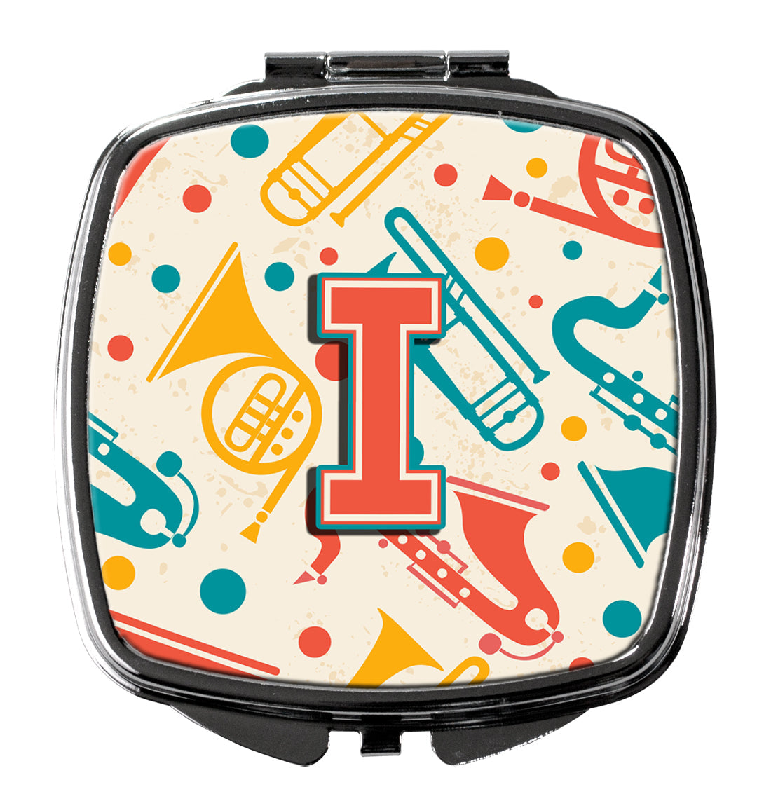 Letter I Retro Teal Orange Musical Instruments Initial Compact Mirror Decorative Travel Makeup Mirror for Women Girls Gifts Pocket Makeup Mirror Folding Handheld