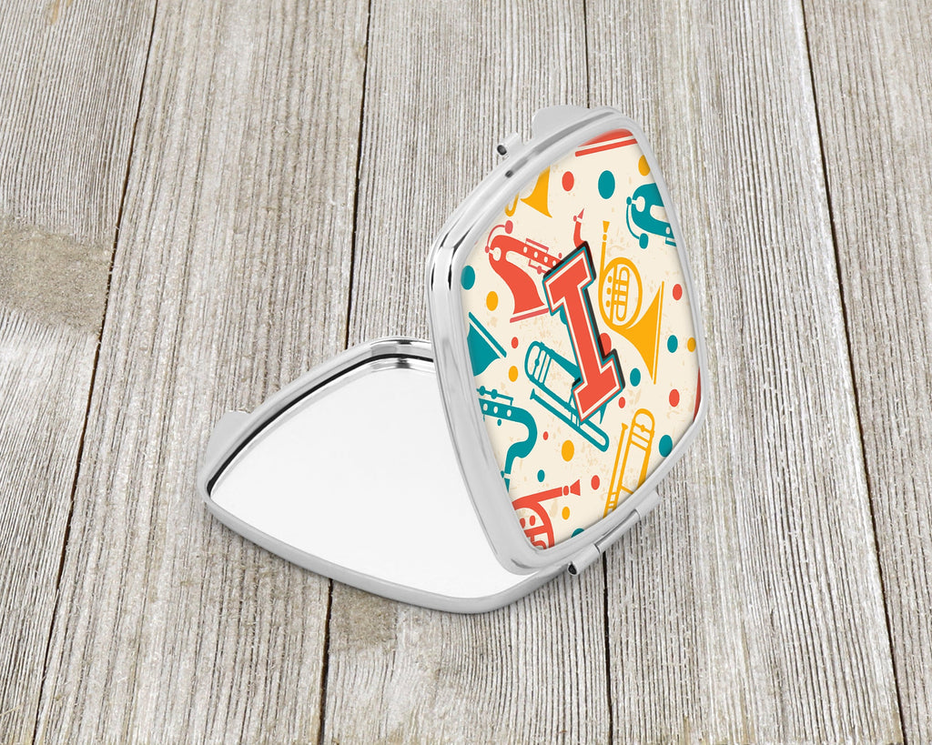 Letter I Retro Teal Orange Musical Instruments Initial Compact Mirror Decorative Travel Makeup Mirror for Women Girls Gifts Pocket Makeup Mirror Folding Handheld