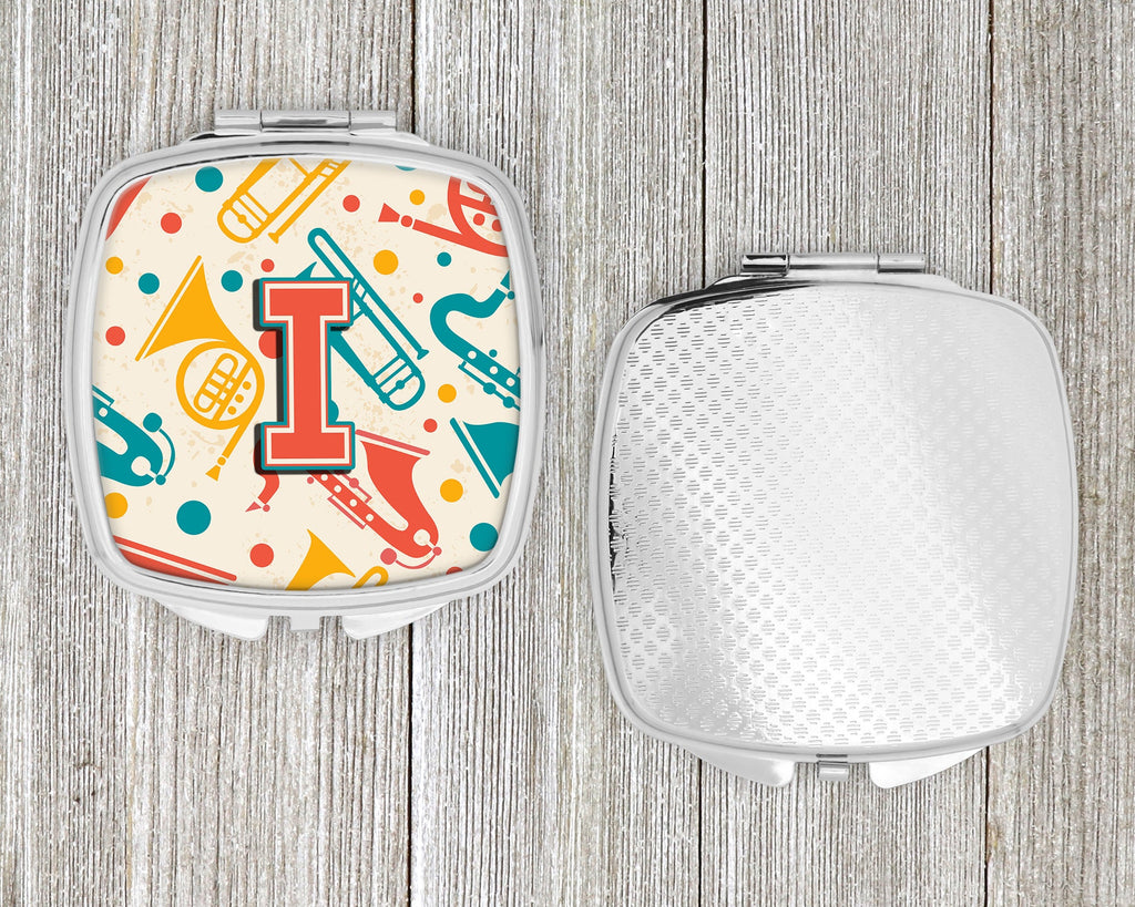 Letter I Retro Teal Orange Musical Instruments Initial Compact Mirror Decorative Travel Makeup Mirror for Women Girls Gifts Pocket Makeup Mirror Folding Handheld