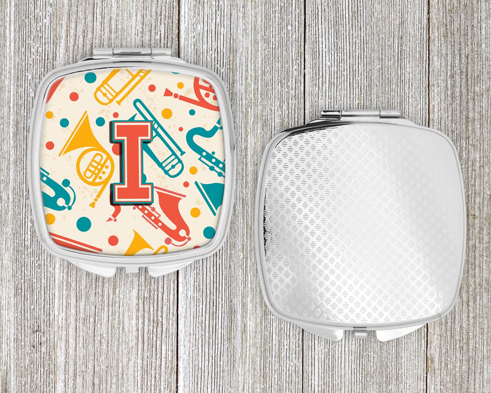 Letter I Retro Teal Orange Musical Instruments Initial Compact Mirror Decorative Travel Makeup Mirror for Women Girls Gifts Pocket Makeup Mirror Folding Handheld