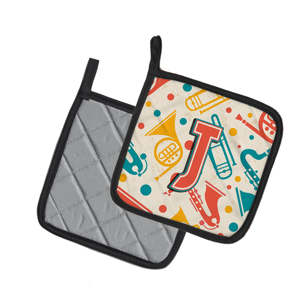 Letter J Retro Teal Orange Musical Instruments Initial Pot Holder Set of 2 Heat Resistant Quilted Hot Pads 7.5 x 7.5 Inch, Insulated Kitchen Trivets for Cooking & Baking