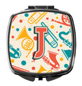 Letter J Retro Teal Orange Musical Instruments Initial Compact Mirror Decorative Travel Makeup Mirror for Women Girls Gifts Pocket Makeup Mirror Folding Handheld