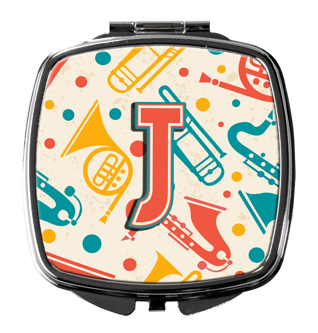 Letter J Retro Teal Orange Musical Instruments Initial Compact Mirror Decorative Travel Makeup Mirror for Women Girls Gifts Pocket Makeup Mirror Folding Handheld