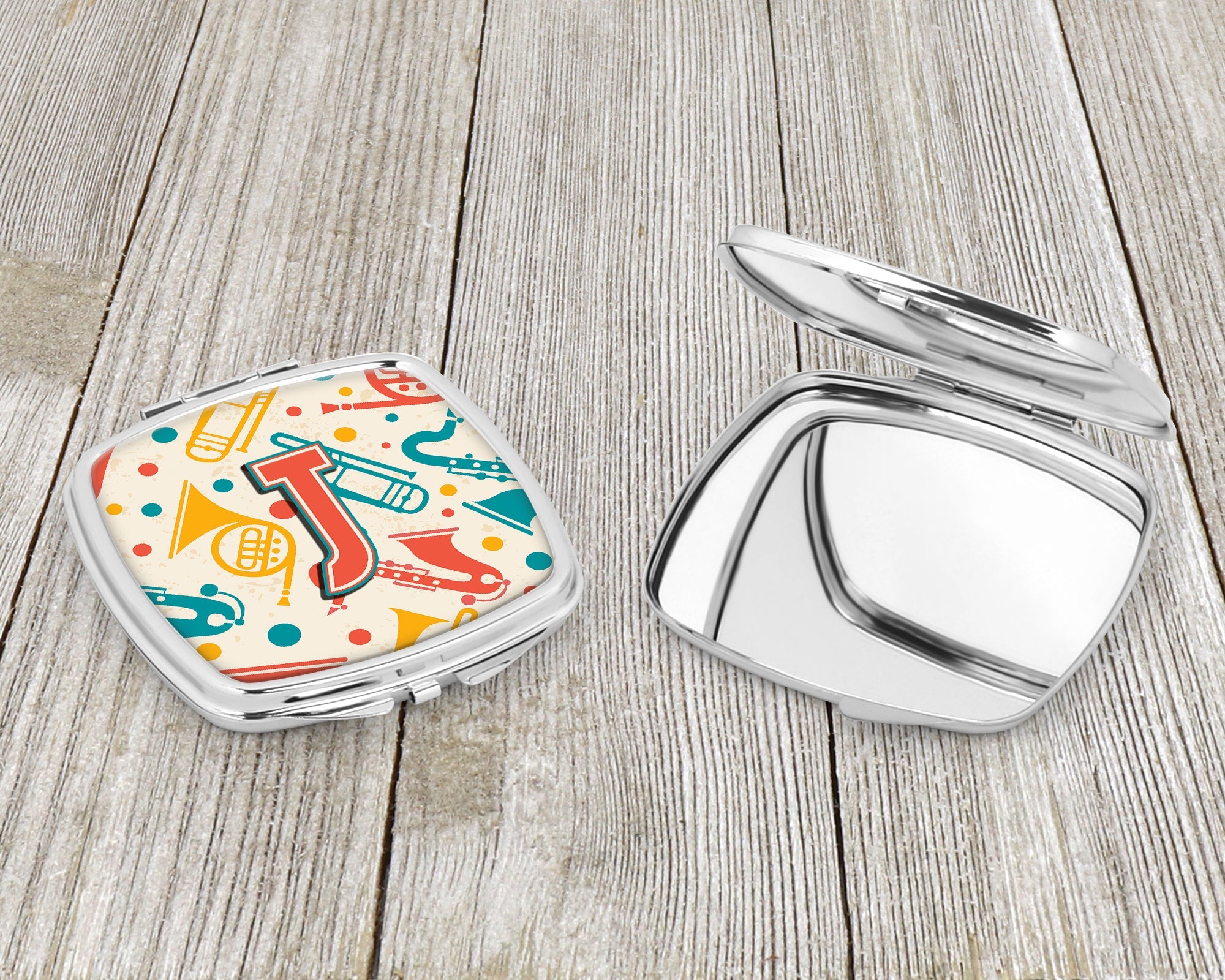 Letter J Retro Teal Orange Musical Instruments Initial Compact Mirror Decorative Travel Makeup Mirror for Women Girls Gifts Pocket Makeup Mirror Folding Handheld