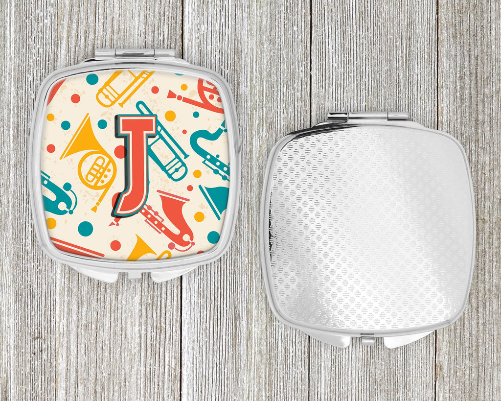 Letter J Retro Teal Orange Musical Instruments Initial Compact Mirror Decorative Travel Makeup Mirror for Women Girls Gifts Pocket Makeup Mirror Folding Handheld