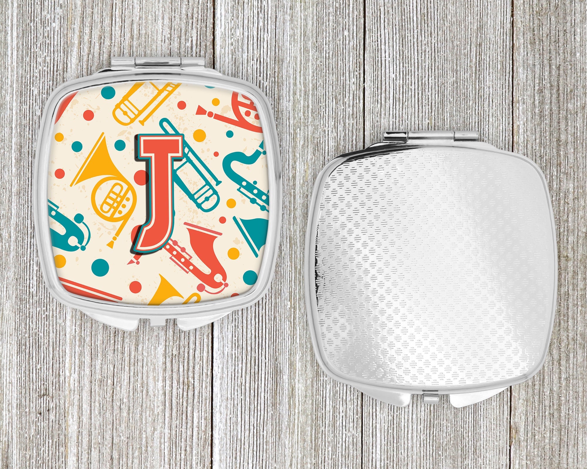 Letter J Retro Teal Orange Musical Instruments Initial Compact Mirror Decorative Travel Makeup Mirror for Women Girls Gifts Pocket Makeup Mirror Folding Handheld