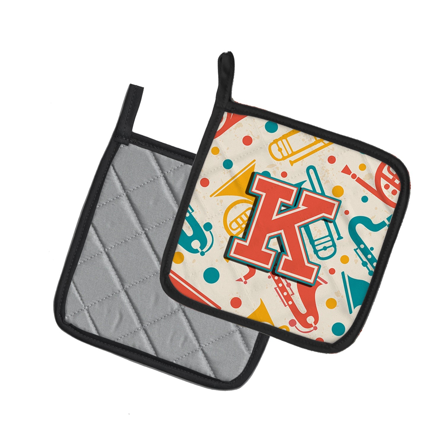 Letter K Retro Teal Orange Musical Instruments Initial Pot Holder Set of 2 Heat Resistant Quilted Hot Pads 7.5 x 7.5 Inch, Insulated Kitchen Trivets for Cooking & Baking
