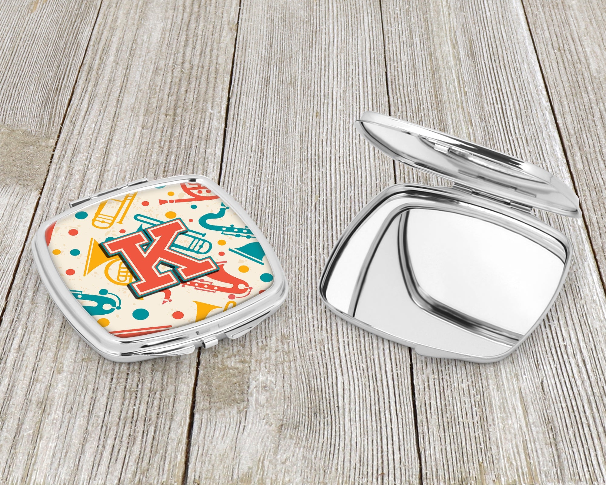 Letter K Retro Teal Orange Musical Instruments Initial Compact Mirror Decorative Travel Makeup Mirror for Women Girls Gifts Pocket Makeup Mirror Folding Handheld