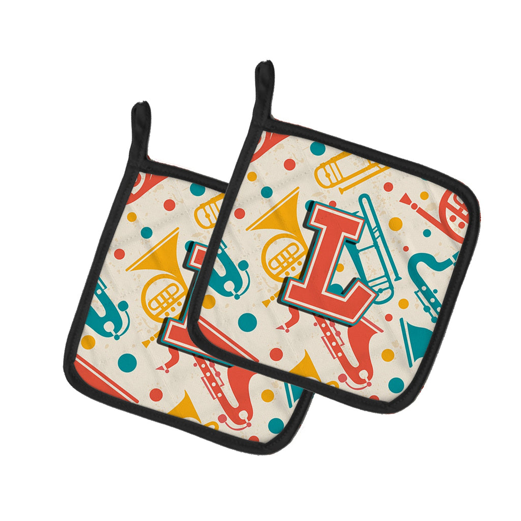 Letter L Retro Teal Orange Musical Instruments Initial Pot Holder Set of 2 Heat Resistant Quilted Hot Pads 7.5 x 7.5 Inch, Insulated Kitchen Trivets for Cooking & Baking
