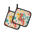 Letter L Retro Teal Orange Musical Instruments Initial Pot Holder Set of 2 Heat Resistant Quilted Hot Pads 7.5 x 7.5 Inch, Insulated Kitchen Trivets for Cooking & Baking