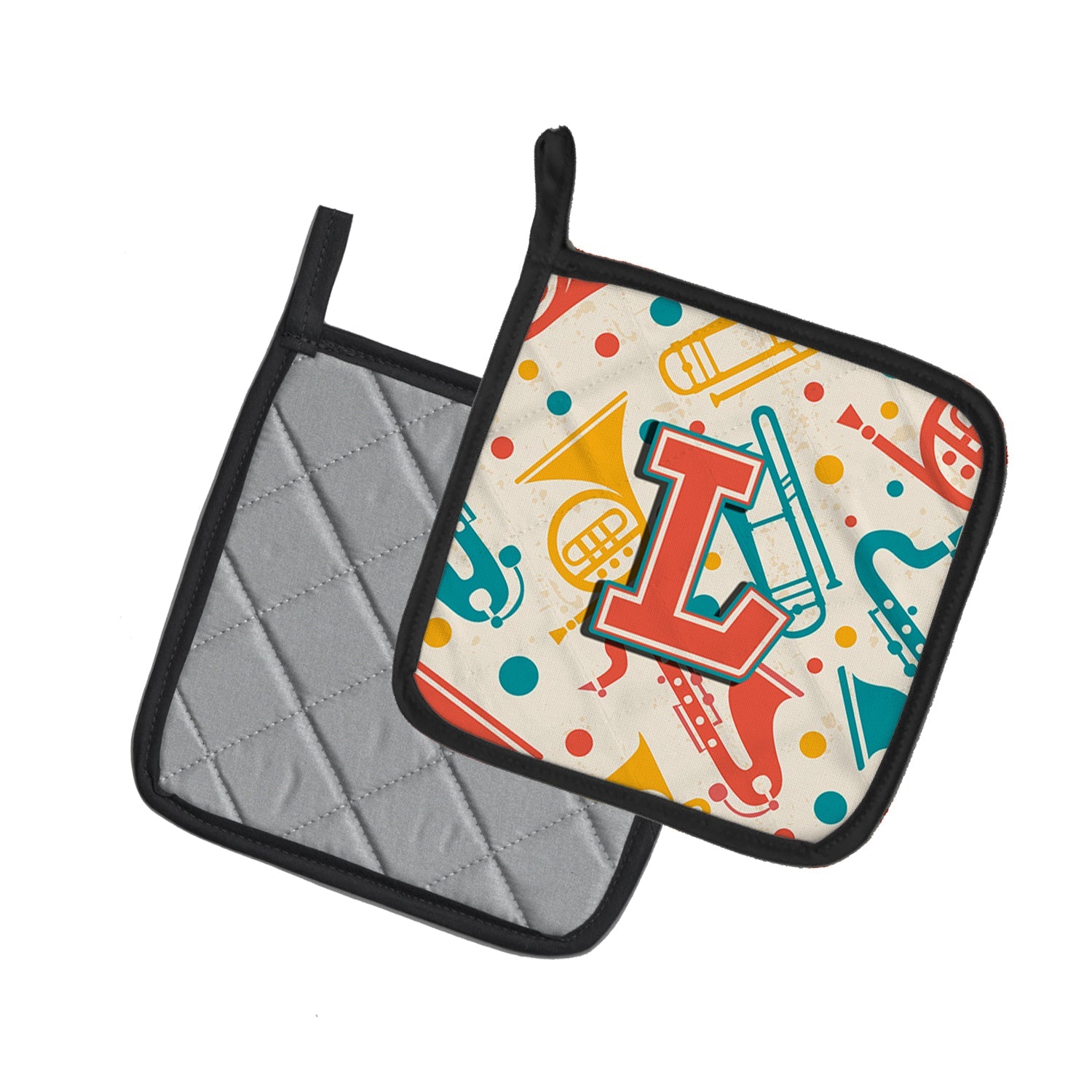 Letter L Retro Teal Orange Musical Instruments Initial Pot Holder Set of 2 Heat Resistant Quilted Hot Pads 7.5 x 7.5 Inch, Insulated Kitchen Trivets for Cooking & Baking