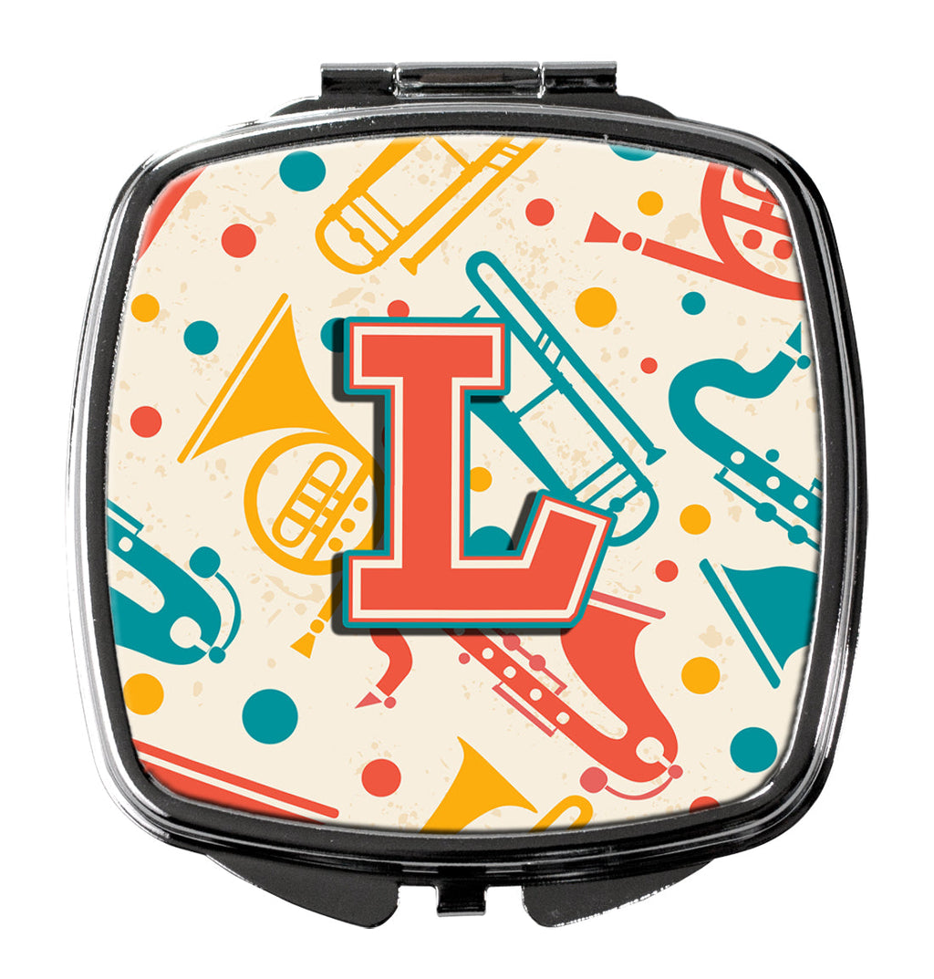 Letter L Retro Teal Orange Musical Instruments Initial Compact Mirror Decorative Travel Makeup Mirror for Women Girls Gifts Pocket Makeup Mirror Folding Handheld