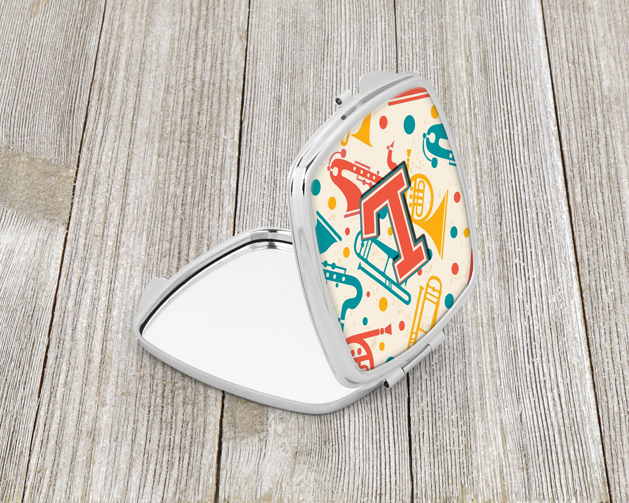 Letter L Retro Teal Orange Musical Instruments Initial Compact Mirror Decorative Travel Makeup Mirror for Women Girls Gifts Pocket Makeup Mirror Folding Handheld