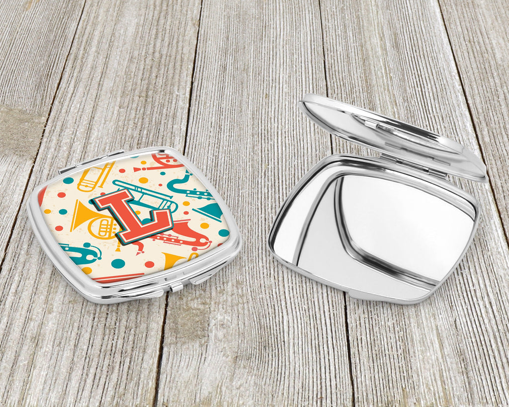 Letter L Retro Teal Orange Musical Instruments Initial Compact Mirror Decorative Travel Makeup Mirror for Women Girls Gifts Pocket Makeup Mirror Folding Handheld