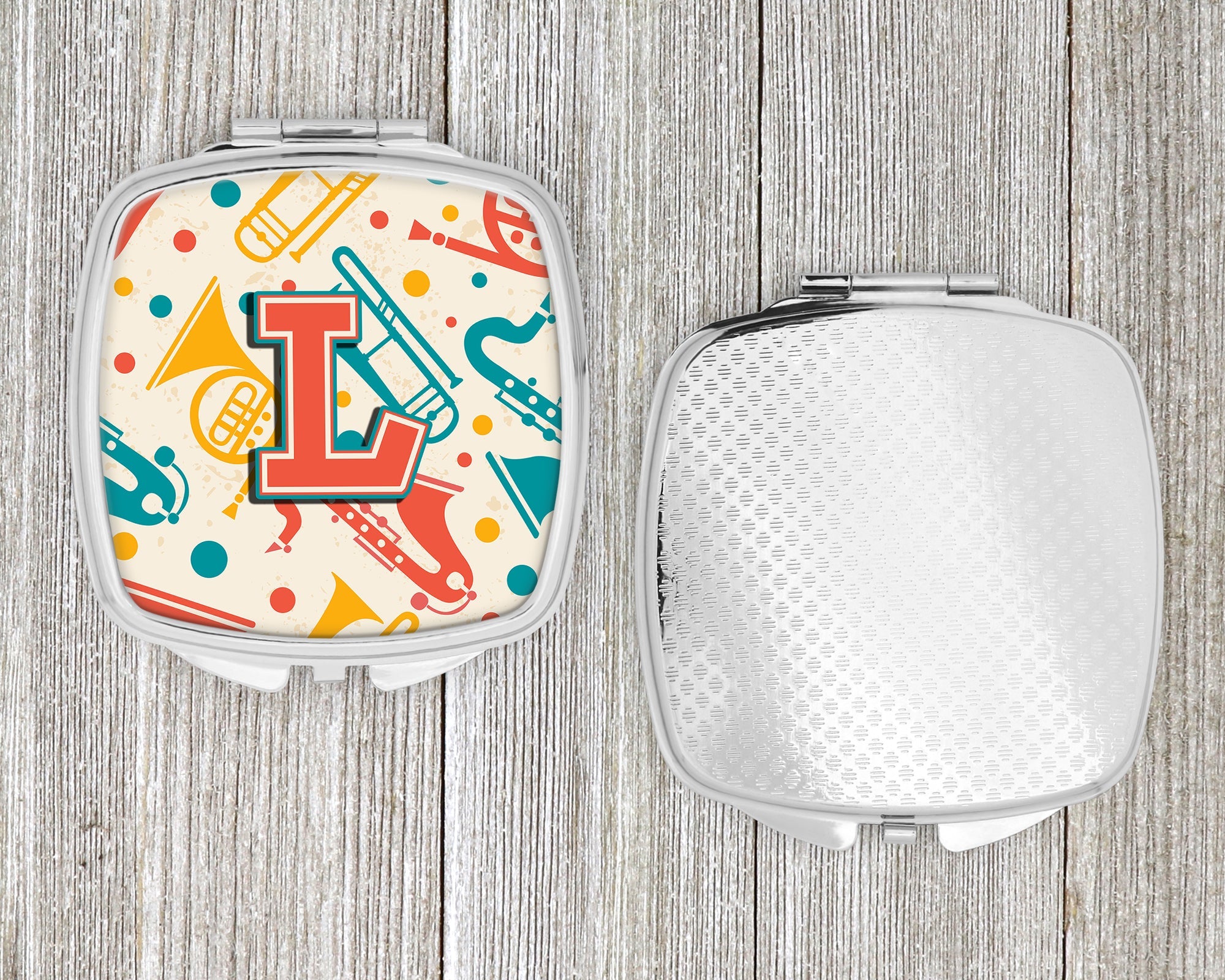 Letter L Retro Teal Orange Musical Instruments Initial Compact Mirror Decorative Travel Makeup Mirror for Women Girls Gifts Pocket Makeup Mirror Folding Handheld