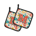 Letter M Retro Teal Orange Musical Instruments Initial Pot Holder Set of 2 Heat Resistant Quilted Hot Pads 7.5 x 7.5 Inch, Insulated Kitchen Trivets for Cooking & Baking