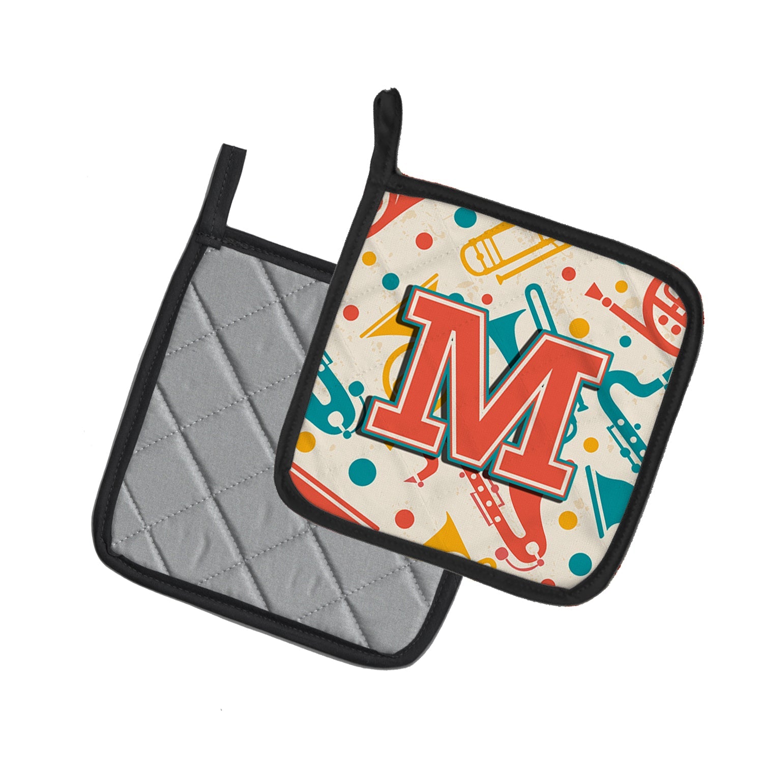Letter M Retro Teal Orange Musical Instruments Initial Pot Holder Set of 2 Heat Resistant Quilted Hot Pads 7.5 x 7.5 Inch, Insulated Kitchen Trivets for Cooking & Baking