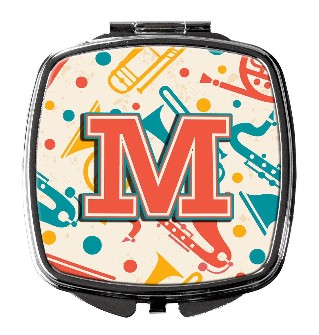 Letter M Retro Teal Orange Musical Instruments Initial Compact Mirror Decorative Travel Makeup Mirror for Women Girls Gifts Pocket Makeup Mirror Folding Handheld