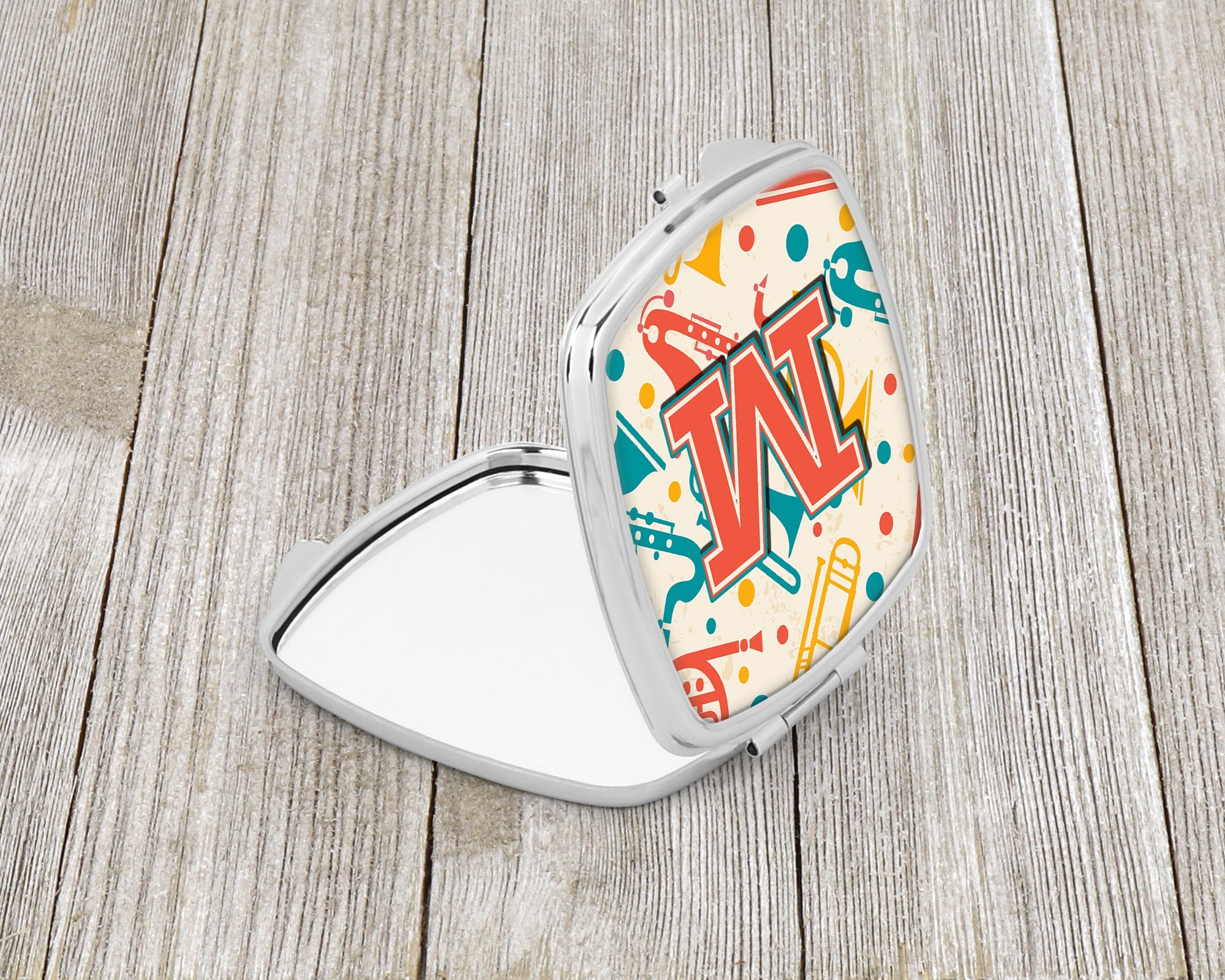 Letter M Retro Teal Orange Musical Instruments Initial Compact Mirror Decorative Travel Makeup Mirror for Women Girls Gifts Pocket Makeup Mirror Folding Handheld
