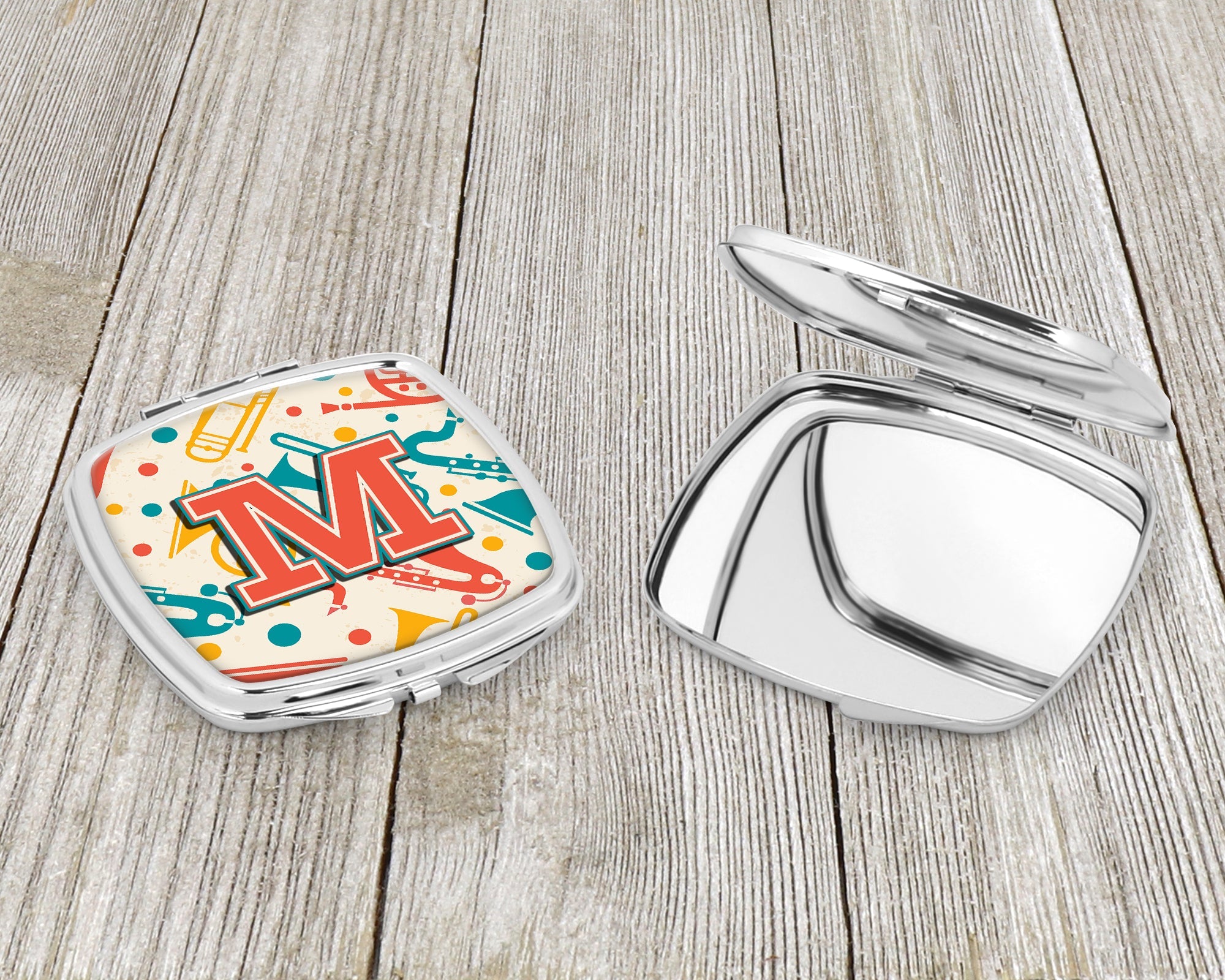 Letter M Retro Teal Orange Musical Instruments Initial Compact Mirror Decorative Travel Makeup Mirror for Women Girls Gifts Pocket Makeup Mirror Folding Handheld