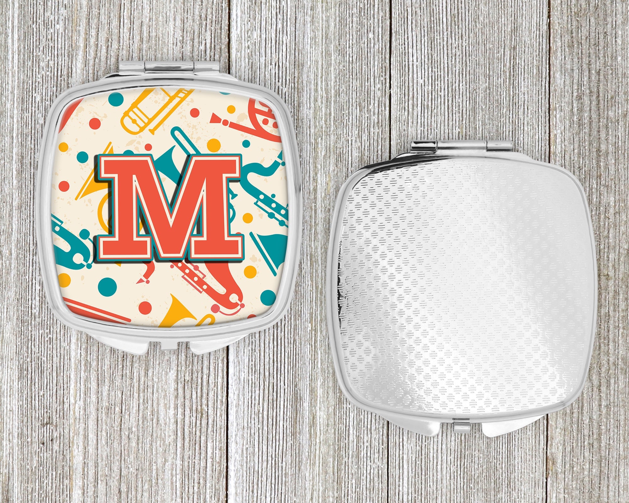 Letter M Retro Teal Orange Musical Instruments Initial Compact Mirror Decorative Travel Makeup Mirror for Women Girls Gifts Pocket Makeup Mirror Folding Handheld