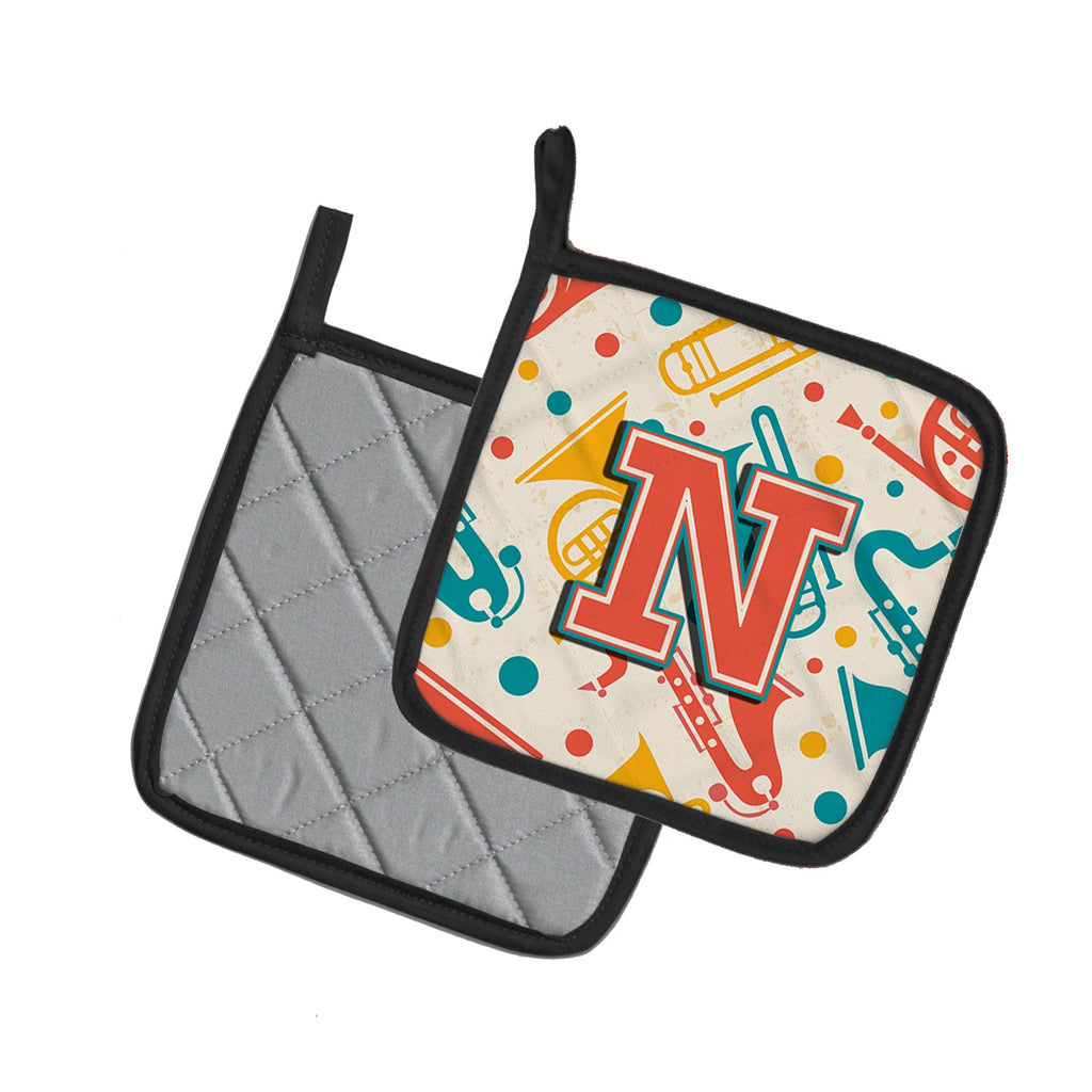 Letter N Retro Teal Orange Musical Instruments Initial Pot Holder Set of 2 Heat Resistant Quilted Hot Pads 7.5 x 7.5 Inch, Insulated Kitchen Trivets for Cooking & Baking
