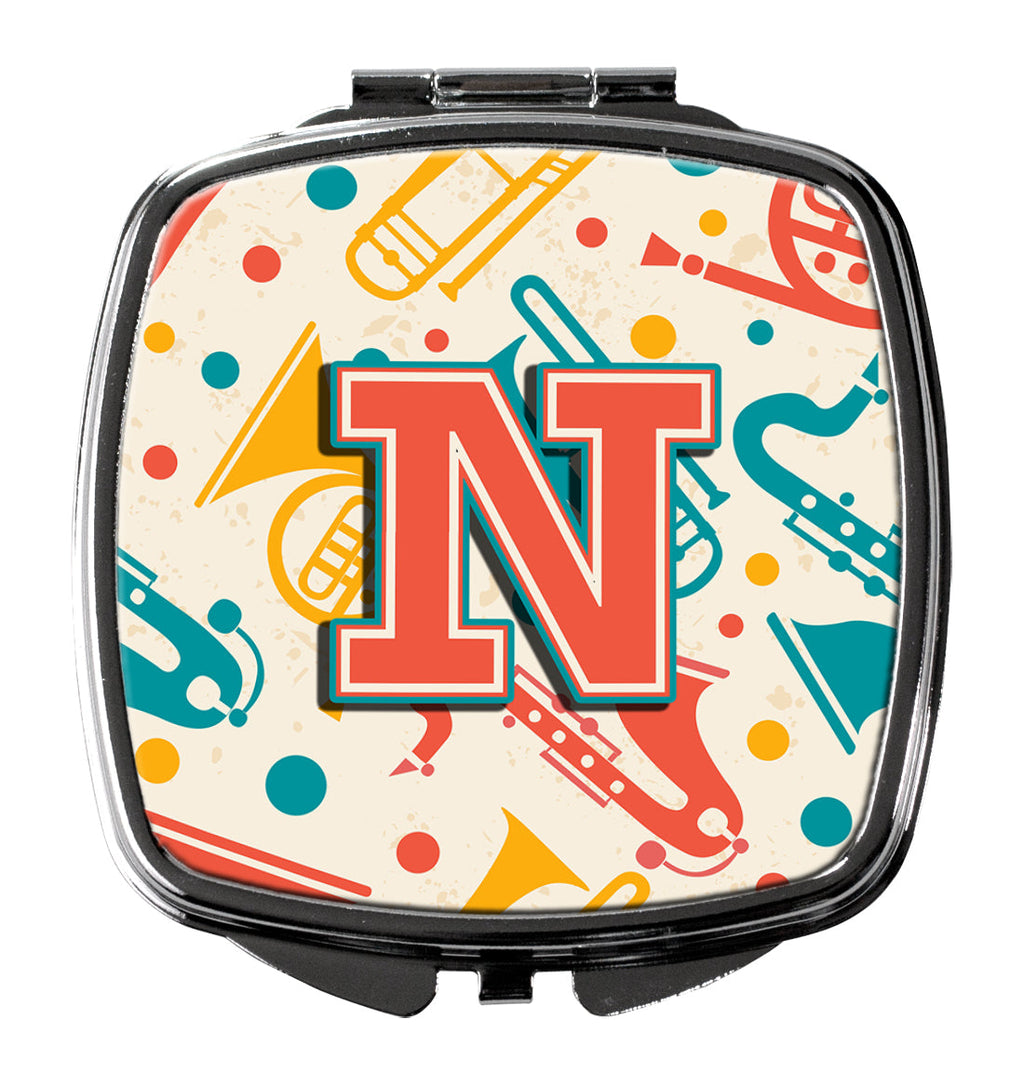 Letter N Retro Teal Orange Musical Instruments Initial Compact Mirror Decorative Travel Makeup Mirror for Women Girls Gifts Pocket Makeup Mirror Folding Handheld