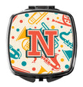 Letter N Retro Teal Orange Musical Instruments Initial Compact Mirror Decorative Travel Makeup Mirror for Women Girls Gifts Pocket Makeup Mirror Folding Handheld