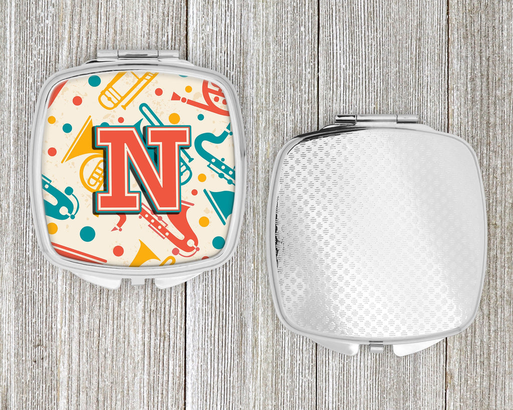 Letter N Retro Teal Orange Musical Instruments Initial Compact Mirror Decorative Travel Makeup Mirror for Women Girls Gifts Pocket Makeup Mirror Folding Handheld