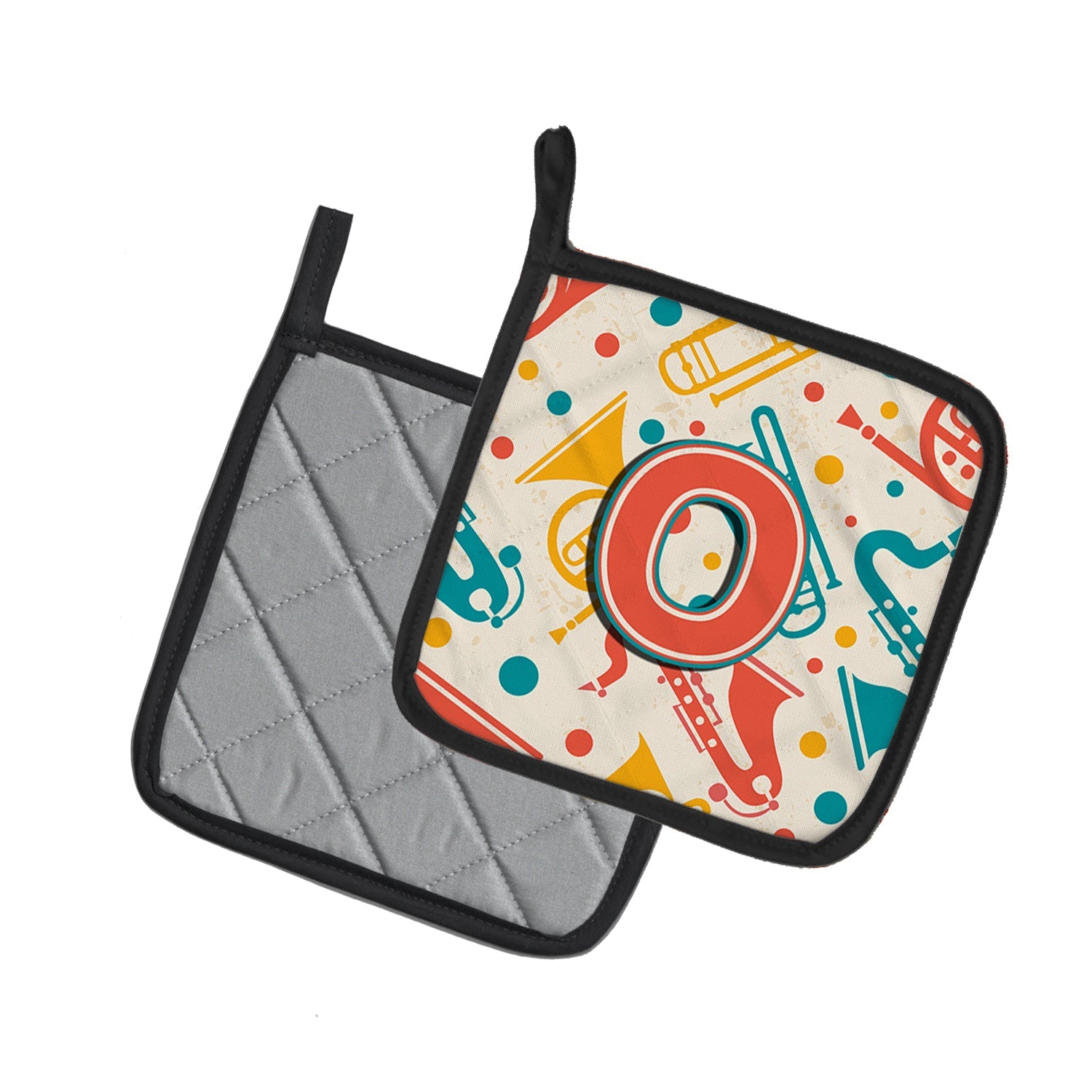 Letter O Retro Teal Orange Musical Instruments Initial Pot Holder Set of 2 Heat Resistant Quilted Hot Pads 7.5 x 7.5 Inch, Insulated Kitchen Trivets for Cooking & Baking