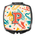 Letter P Retro Teal Orange Musical Instruments Initial Compact Mirror Decorative Travel Makeup Mirror for Women Girls Gifts Pocket Makeup Mirror Folding Handheld