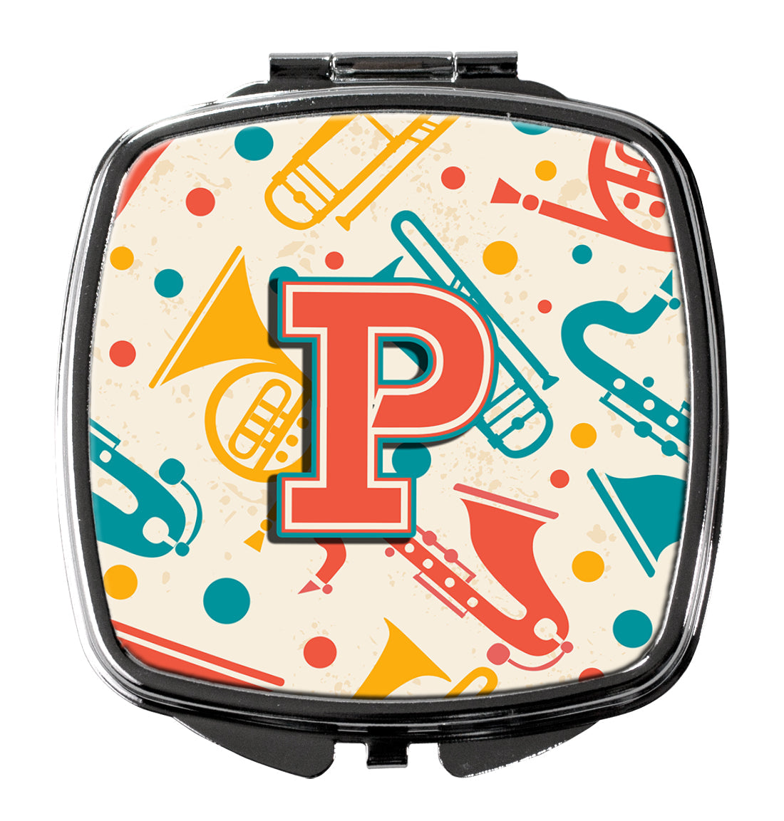 Letter P Retro Teal Orange Musical Instruments Initial Compact Mirror Decorative Travel Makeup Mirror for Women Girls Gifts Pocket Makeup Mirror Folding Handheld