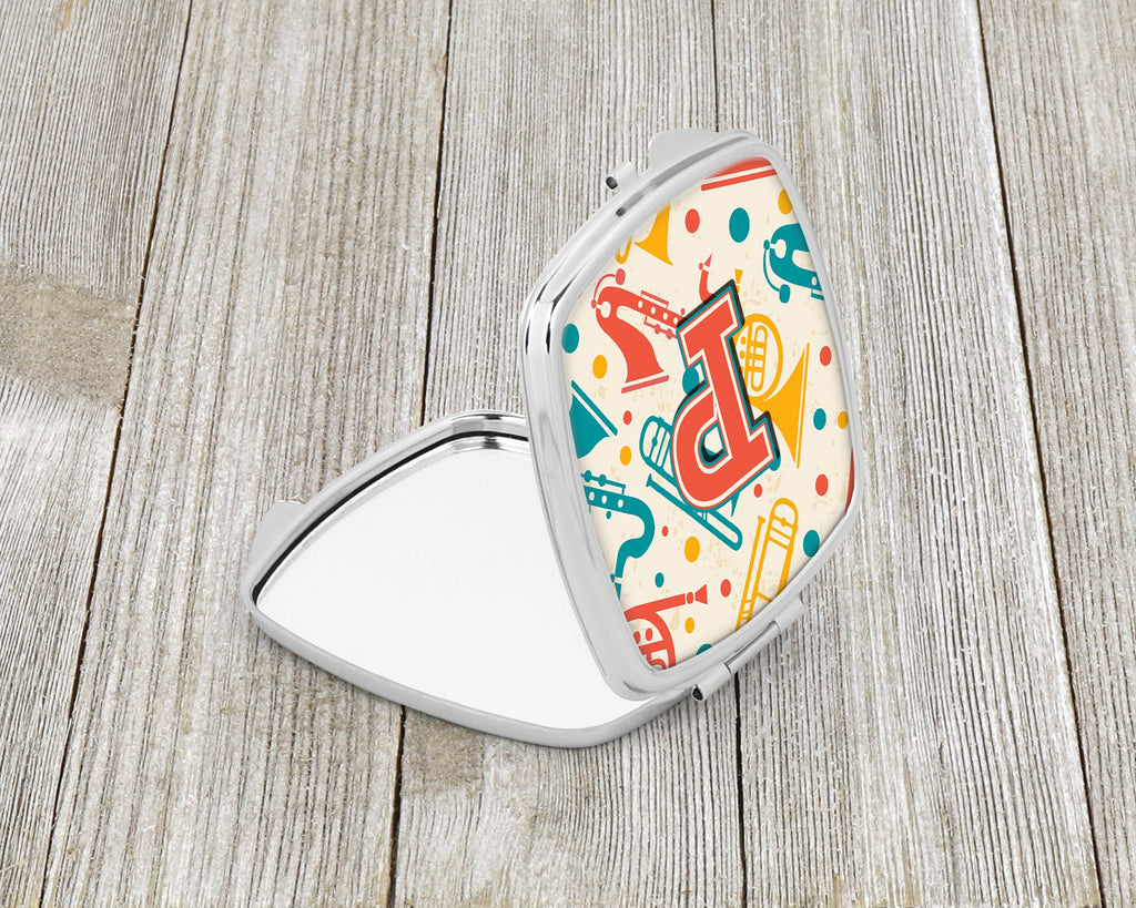 Letter P Retro Teal Orange Musical Instruments Initial Compact Mirror Decorative Travel Makeup Mirror for Women Girls Gifts Pocket Makeup Mirror Folding Handheld