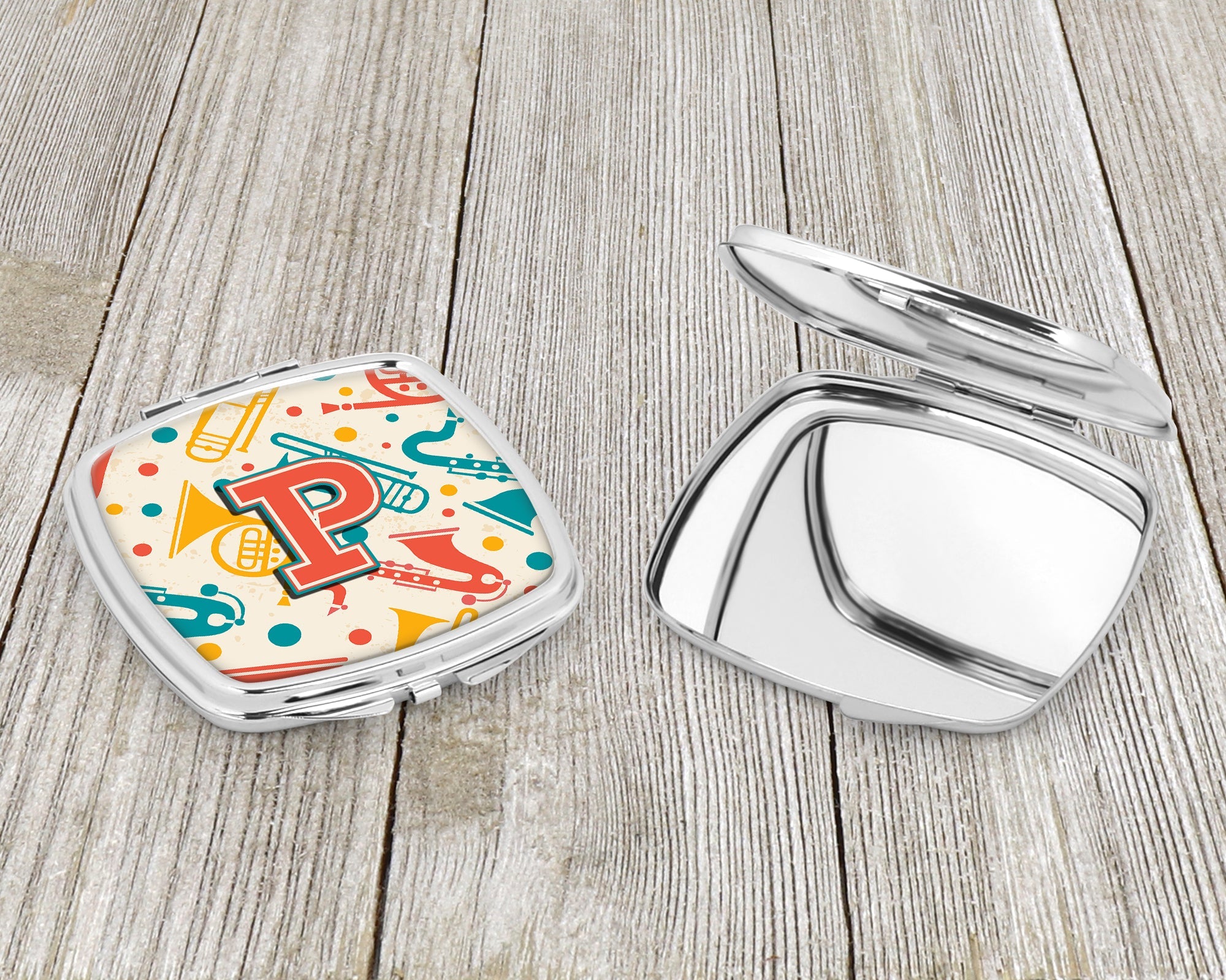 Letter P Retro Teal Orange Musical Instruments Initial Compact Mirror Decorative Travel Makeup Mirror for Women Girls Gifts Pocket Makeup Mirror Folding Handheld
